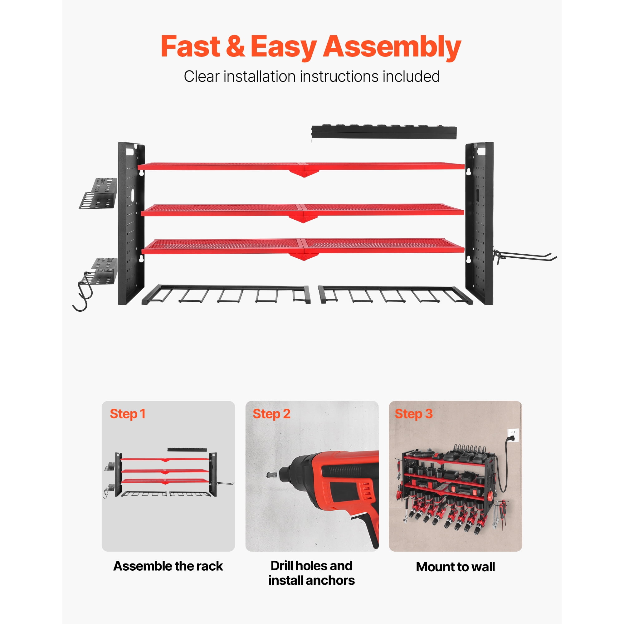 KFFKFF Power Tool Organizer with Charging Station, 3-Tier Drill Storage Rack with 4 Drill Slots & Side Pegboard, Garage Tool Rack with 8-Outlet Power Strip for Garage, Workbench, and Workshop