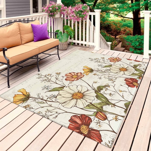 Farmhouse Botanical Outdoor Rug for Patio/Deck/Porch, Non-Slip Large Area Rug 6 x 9 Ft, Pastoral Summer Spring Floral Indoor Outdoor Rugs Washable Area Rugs, Reversible Camping Rug Carpet Runner