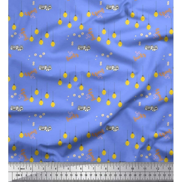 Soimoi Blue Heavy Satin Fabric Text & Bulb Home Decor Printed Craft Fabric by the Yard 54 Inch Wide