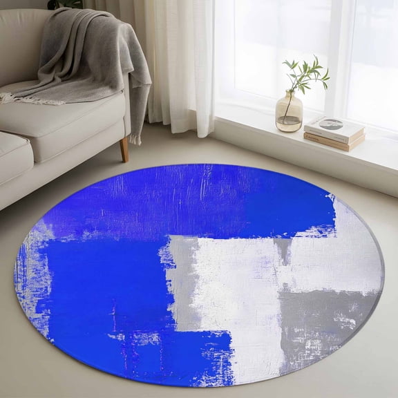 Round Rugs 4Ft, Blue Purple Grey Round Area Rug Washable Indoor Throw Carpet, Geometric Oil Painting Abstract Modern Soft Non Slip Circle Rug for Kitchen Nursery Room Home Decor Aesthetic