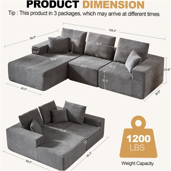JERFIT Modern L-Shaped Sectional Sofa with Chaise, Dark Gray Corduroy Fabric, Deep Seated Cloud Couch for Living Room, No Assembly Required