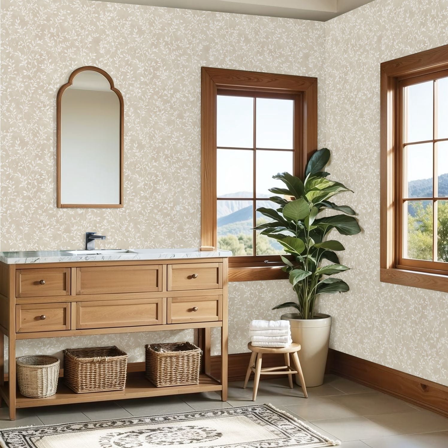 Peel and Stick Wallpaper Elegant Beige Floral Vine Delicate White Leaves Wall Mural 23.6in x 9.8ft Self Adhesive Removable Wall Paper Renter Friendly Wallpaper for Nursery Bedroom Cabinets