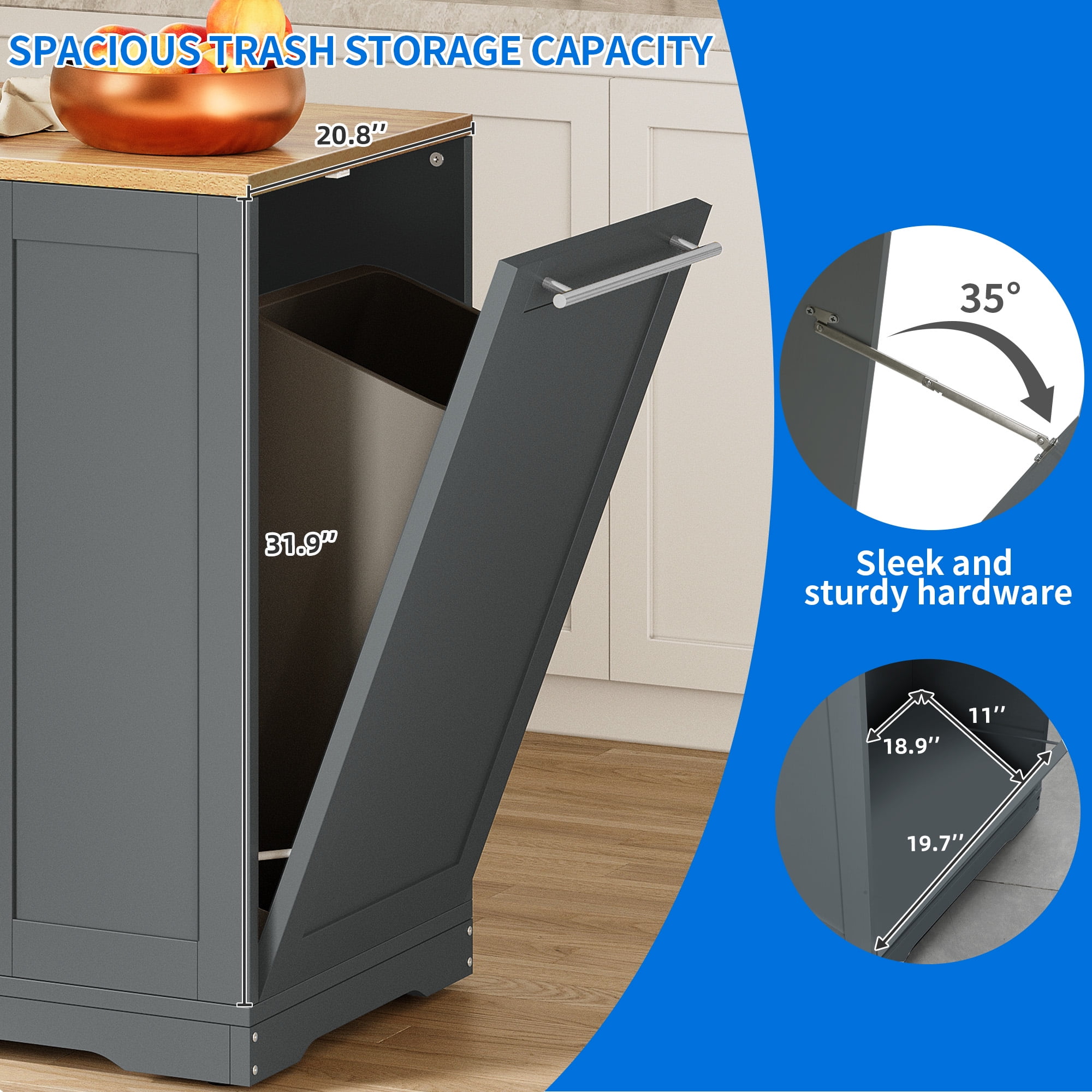 Uforic Rolling Kitchen Island with Wheels & Drawers, Kitchen Storage Cart with Storage Cabinet for 13-Gallon Trash Bin, Gray