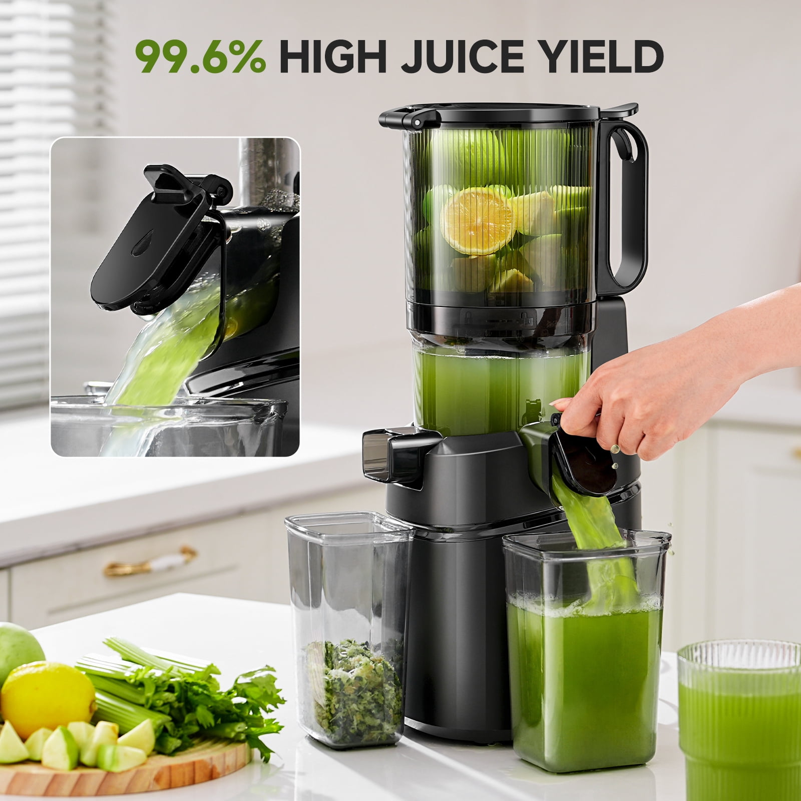 Sunmaki 5.11" Juicer Machines, 150W Cold Press Juicer for Fruits and Vegetables, 80 RPM Quiet & Easy to Clean, High Juice Yield,Black