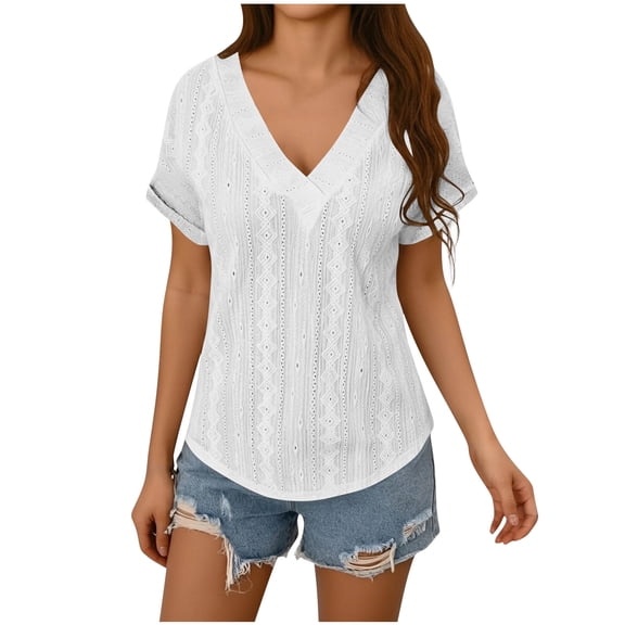 Gfyviroh T-Shirts for Women Loose V-Neck Knit Tops Comfortable Short Sleeve Tees Womens Summer Blouse