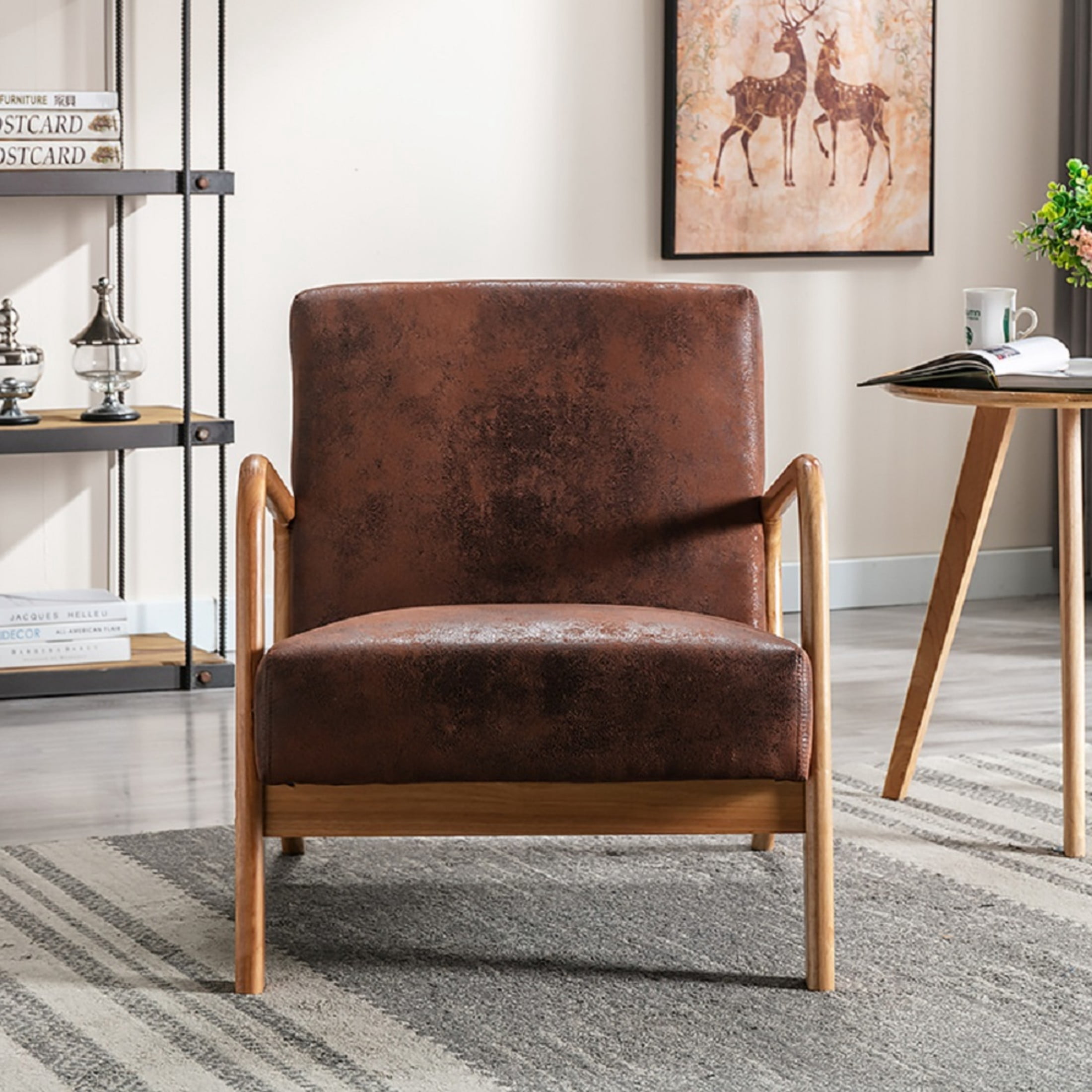 GDF Studio 32.7" Mid-Century Modern Accent Chair with Open Wood Frame, Microfiber Upholstery, Brown