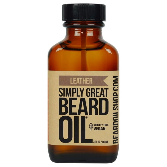 Aceite para barba Simply Great - Aroma a cuero - Regalos navideños - Acondicionador para barba - 85 g - Fácil de aplicar - Natural - Vegano y sin crueldad animal - Regalos para hombres