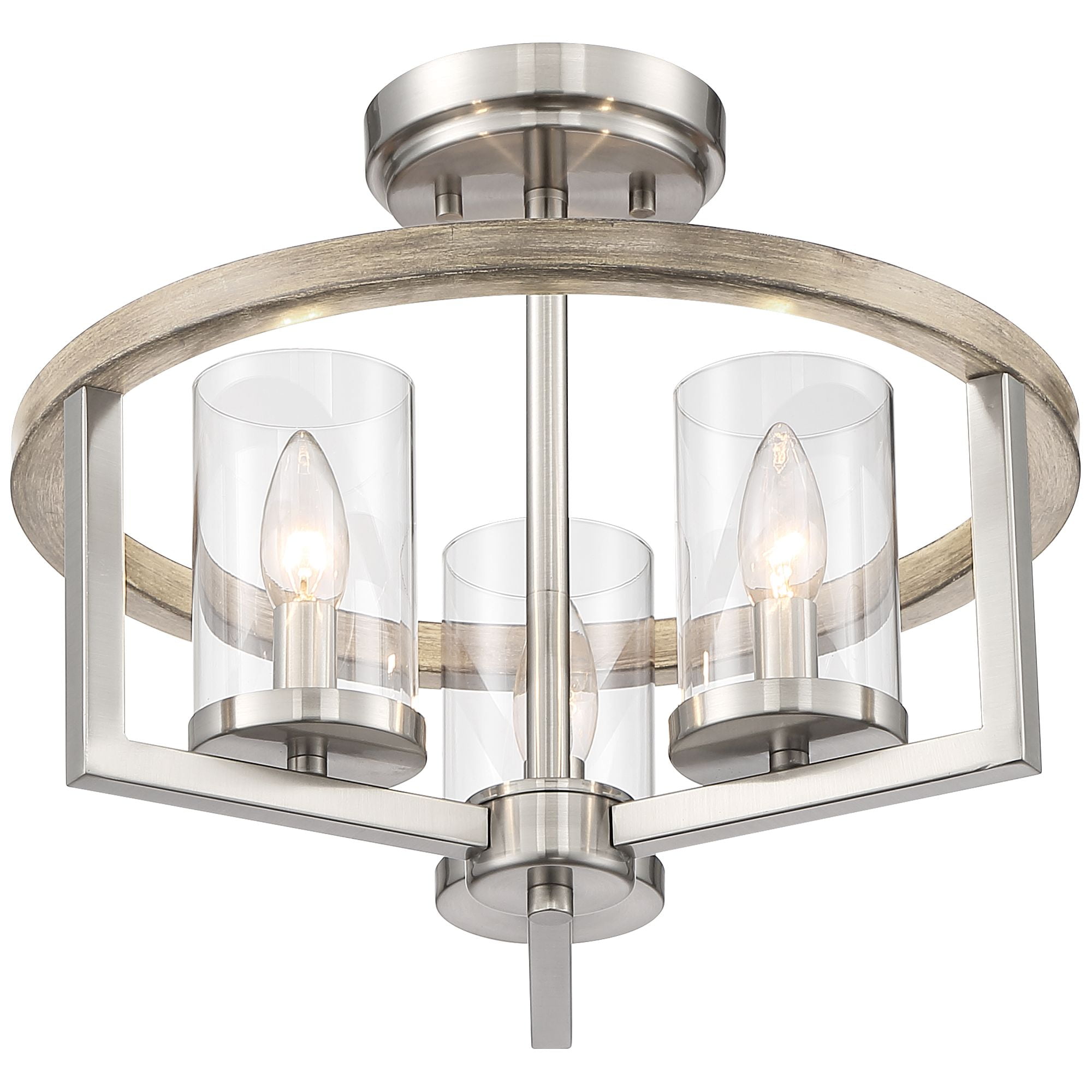 Possini Euro Design Senna Modern Industrial Ceiling Light Semi Flush Mount Fixture 15" Wide Brushed Nickel Gray Wood 3-Light Clear Glass for Bedroom