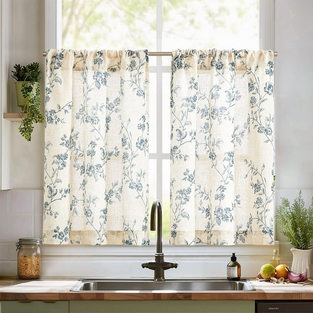 Cortinas Jinchan Floral Kitchen, 60 x 65 cm, lino, color azul