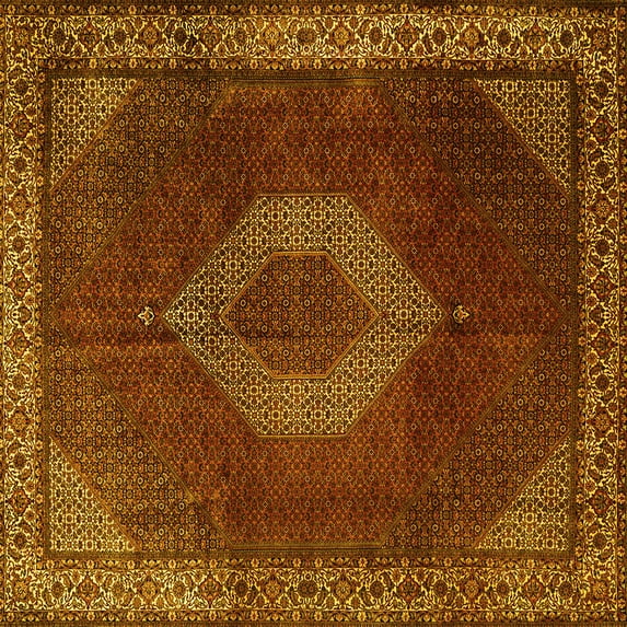 Ahgly Company Machine Washable Indoor Square Medallion Yellow Traditional Area Rugs, 5' Square