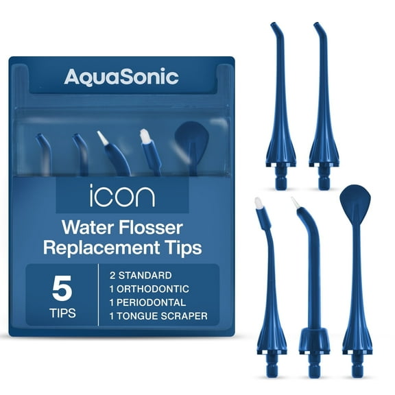 AquaSonic Icon Water Flosser Replacement Tips – 5 Tips, 4 Tip Types: Standard, Periodontal, Orthodontic & Tongue Scraper - Genuine, Authentic Part (Navy)