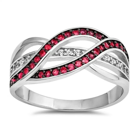 - CHOOSE YOUR COLOR Simulated Ruby Criss Cross Weave Knot Ring New .925 Sterling Silver Band