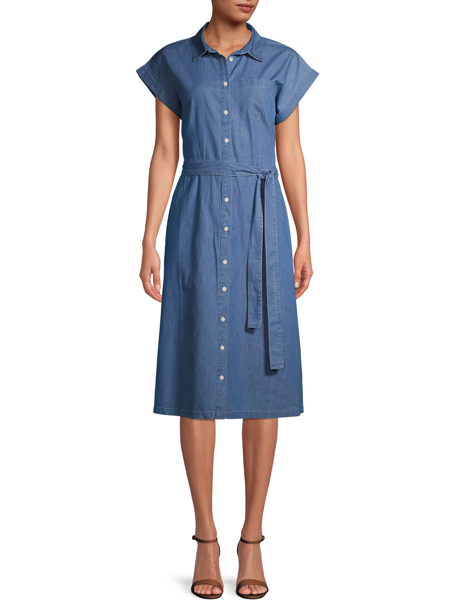 Time and Tru Women's Denim Belted Midi Shirt Dress - Walmart.com