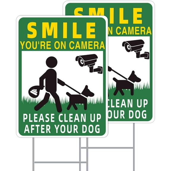 Dog Poop Warning Signs 2-Pack, 13x10 Inch Yard Sign with H-Stake, Double-Sided Clean Up After Your Dog & Smile You're on Camera Design, Green