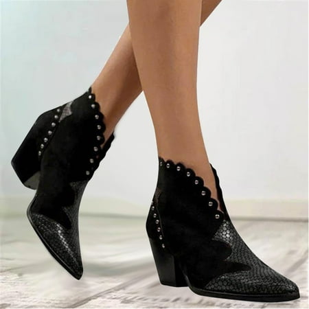 

Foraging dimple Martins Boots Fashion Roman Thick Heel Pointed Flanging Women s Shoes Black