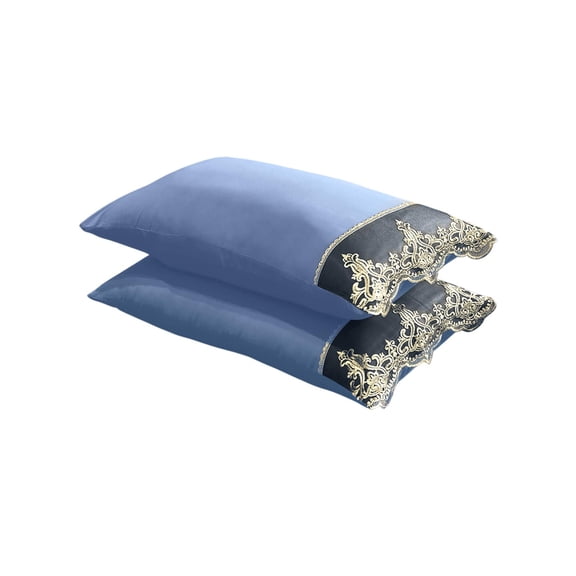 Btomtd Solid Color Lace Pillow Cases Queen Size Set of 2, Skin-Friendly Skidproof Pillowcases, Vintage Embroidered Pillow Covers (29 x 19 inch, Dark Blue)