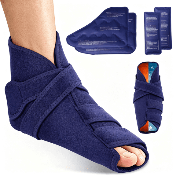 FlareMore Blue Ankle Foot Ice Pack Wrap for Sprained Ankle and Surgery Recovery, Reusable Gel Ice Packs for Feet Injuries, Hot/Cold Therapy (1 Wrap 4 Gel Packs)