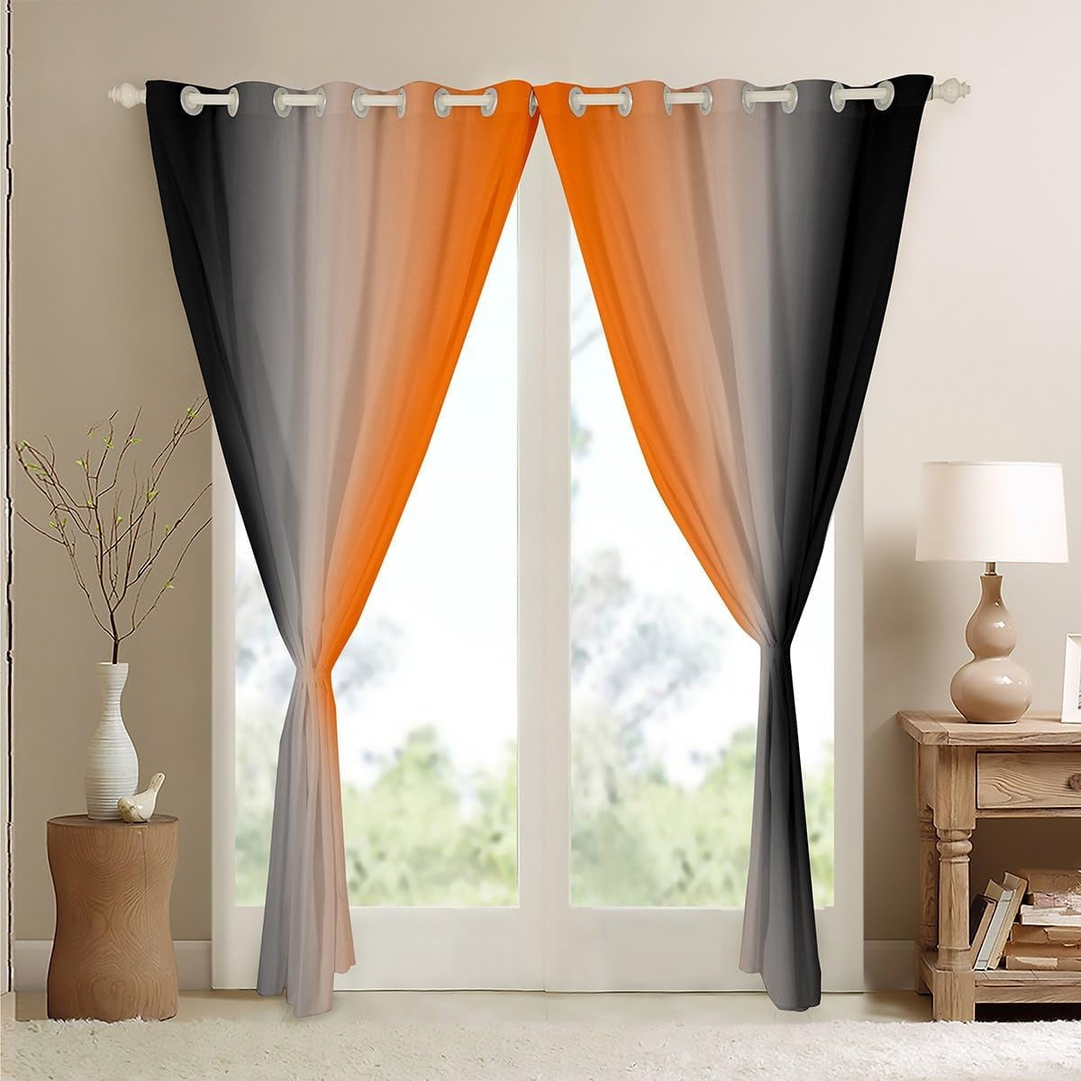 Orange Darkening Drapes (2 Panels, 42 x 54 Inch) Ombre Black Curtains for Bedroom Living Room for Kids Decor Gradient Style 30%-50% Blackout Curtains Abstract Window Treatments