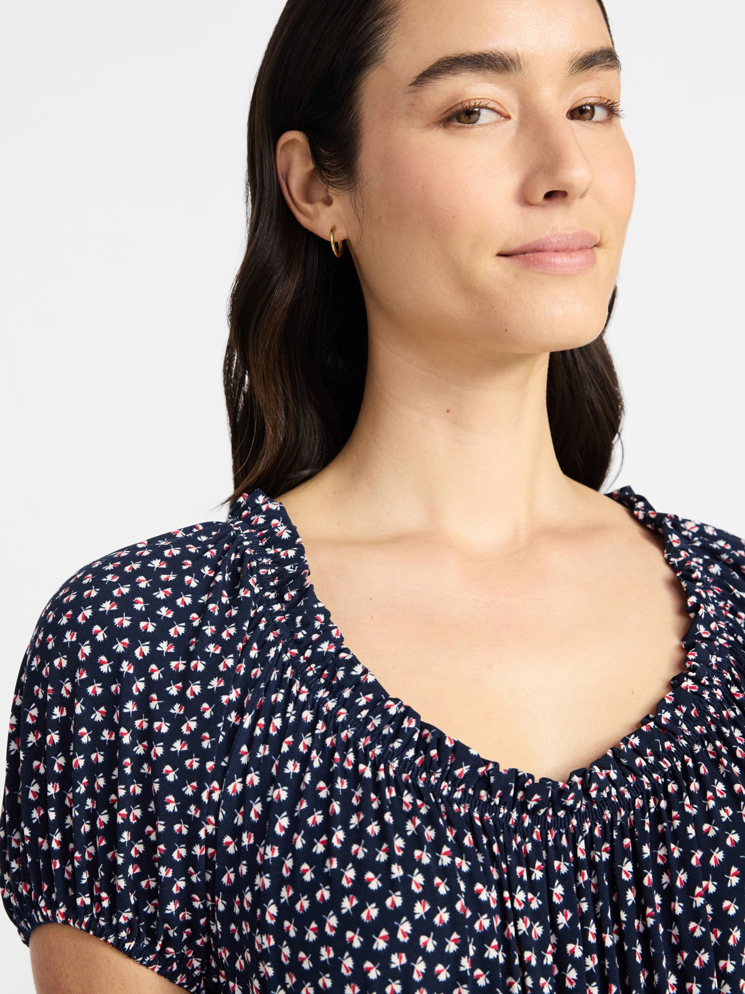 Time and Tru Women's Smocked Midi Dress with Short Puff Sleeves, Sizes XS-XXXL