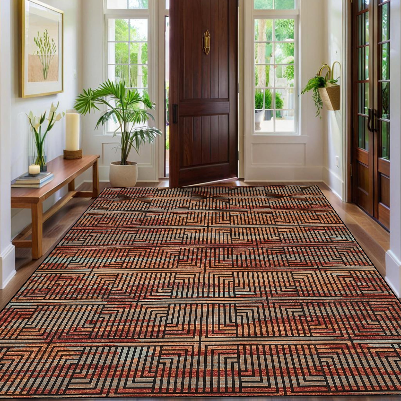 Outdoor Rug, 10x13ft Bordered Modern Area Rugs for Indoor and Outdoor Patios, Porches Waterproof Washable Porch Deck Outside Carpet