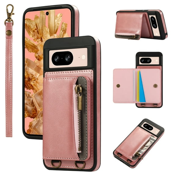 ELEHOLD Case for Google Pixel 8, Zipper Leather Wallet Case with Card Holder Stand,Pink