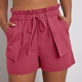 thumbnail image 2 of CheerKidz Women's Summer Lace-Up Denim Shorts Solid Color Cotton Linen Casual High Waist Shorts Drawstring Pocket Summer Shorts(Watermelon Red,S), 2 of 8