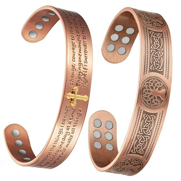 Wollet 18X Copper Magnetic Bracelet for Men Women, Life Tree& Cross Design, Cuff Copper Jewelry Set