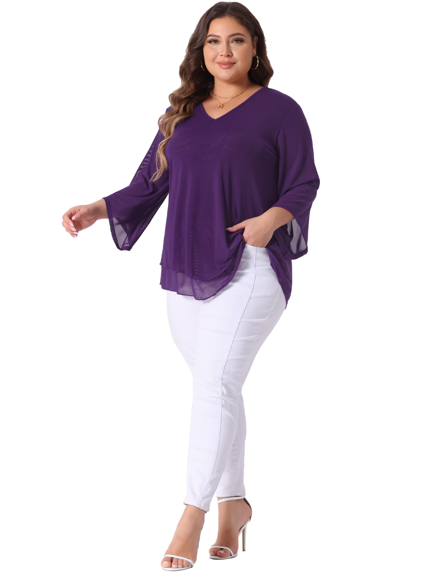Women's Plus Shirt 3/4 Sleeve Scoop Neck Double Layers Blouse Top L Purple