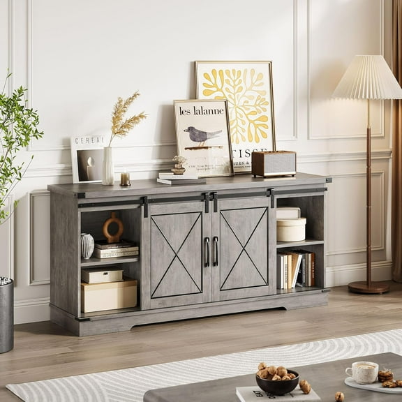 Roromall Farmhouse TV Stand Entertainment Center for TV up to 65" with Sliding Barn Doors, Adjustable Shelf, TV Media Storage Console Table and Furniture for Living Room, Bedroom
