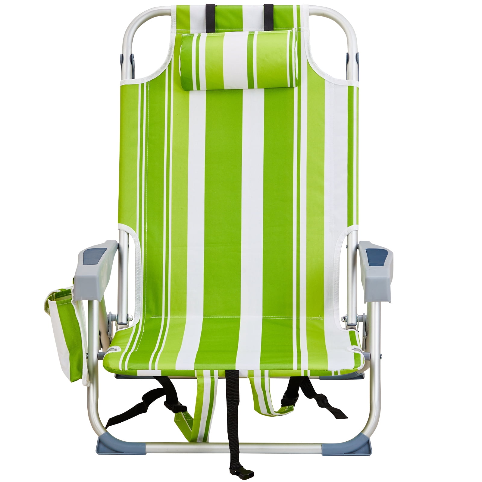 Folding Beach Chair - Lightweight Aluminum Frame, 5-Position Adjustable Back (Lay Flat), Storage Pouches & Cup Holder, for Outdoor Activities, Camping, Picnics, Green Stripes