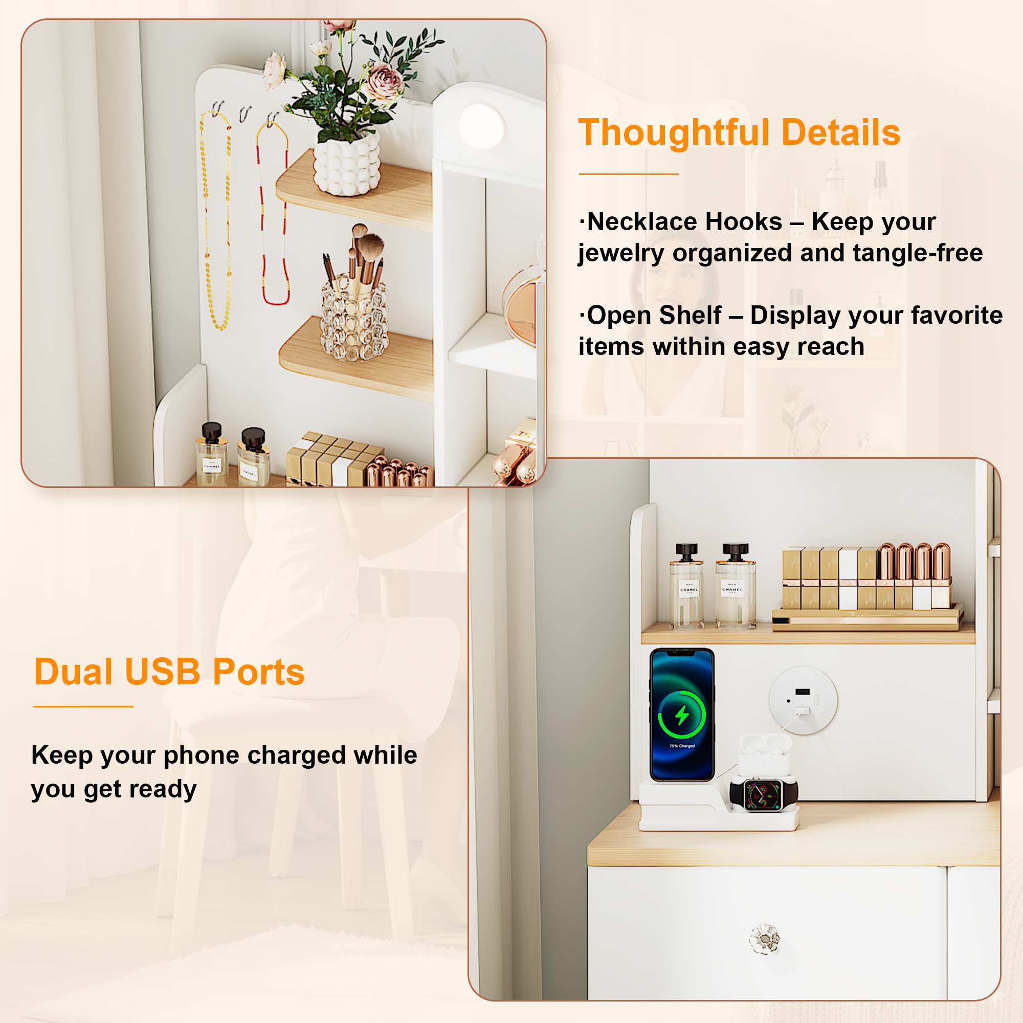 Alvantor Vanity Desk with Tri-Fold Mirror and LED Lights, Makeup Table for Adults with USB Ports and Drawers, White