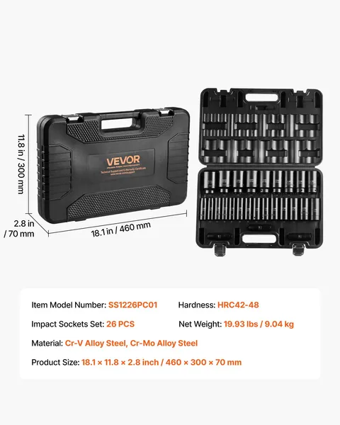 Impact Socket Set 1/2 Inch Drive 26 Piece Deep Metric Sockets 11mm to 36mm