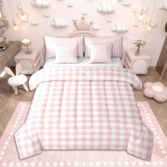 Homewish Pink Plaid Twin Bedding Sets 7-Piece, Geometric Buffalo Grid Bedding Comforter Set, Cute Checkered Sheet Sets, Breathable Home Decor
