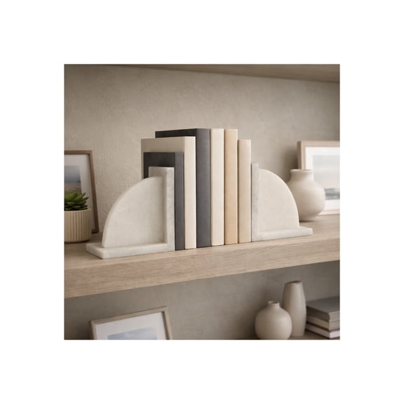 Modern Half-Moon Marble Book Ends for Shelves - Decor and Book Accessories for Home Bookshelf  Library Accent - Decorative Bookends Display for Office, Desk or Living Room Decor - Set of 2, 6", White