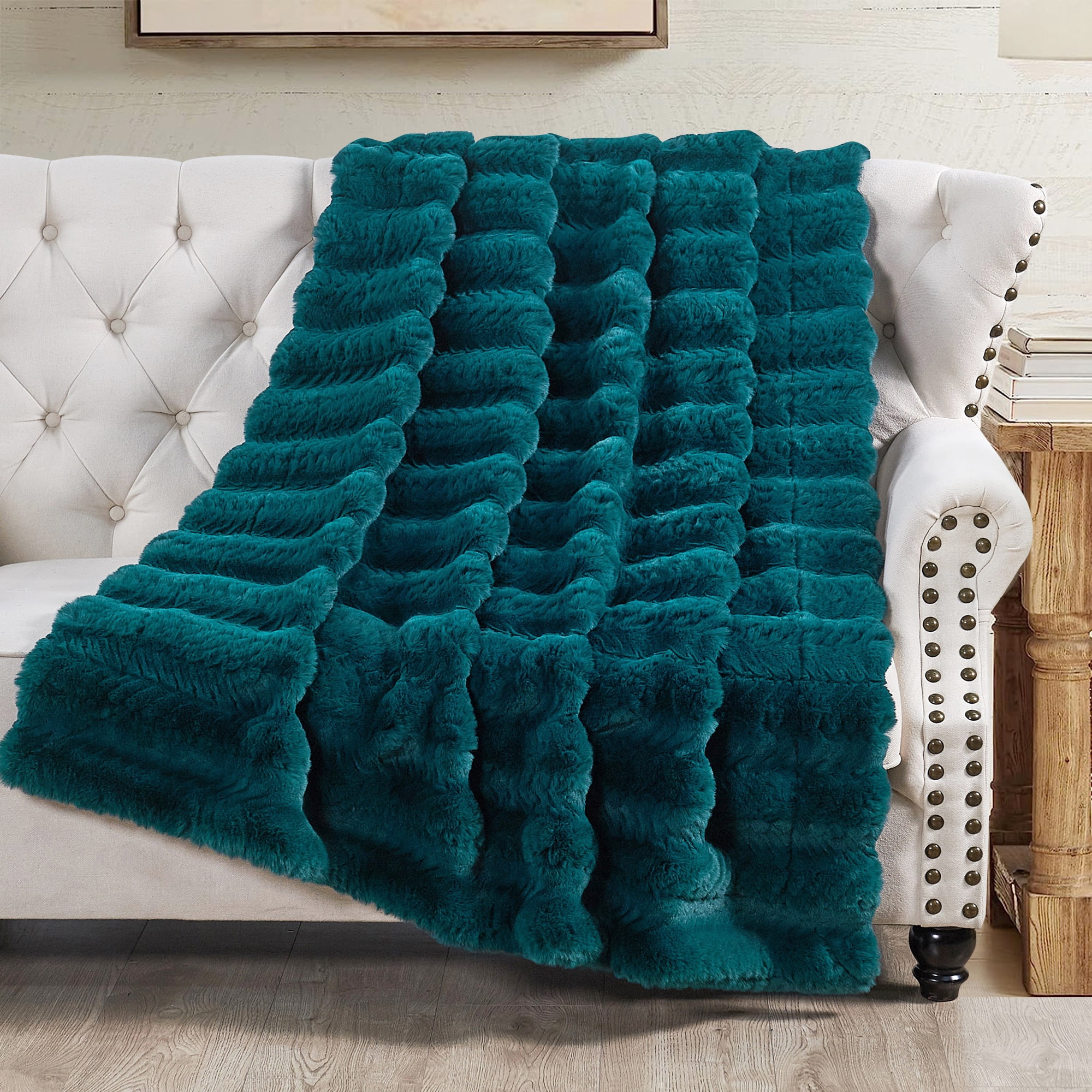 Home Soft Things Tread Pattern Faux Fur Throw Blanket with Micromink Back, Luxury Soft Cozy Plush Fluffy Fuzzy Reversible Thick Warm Throw Blanket, 50x60 inches, Teal