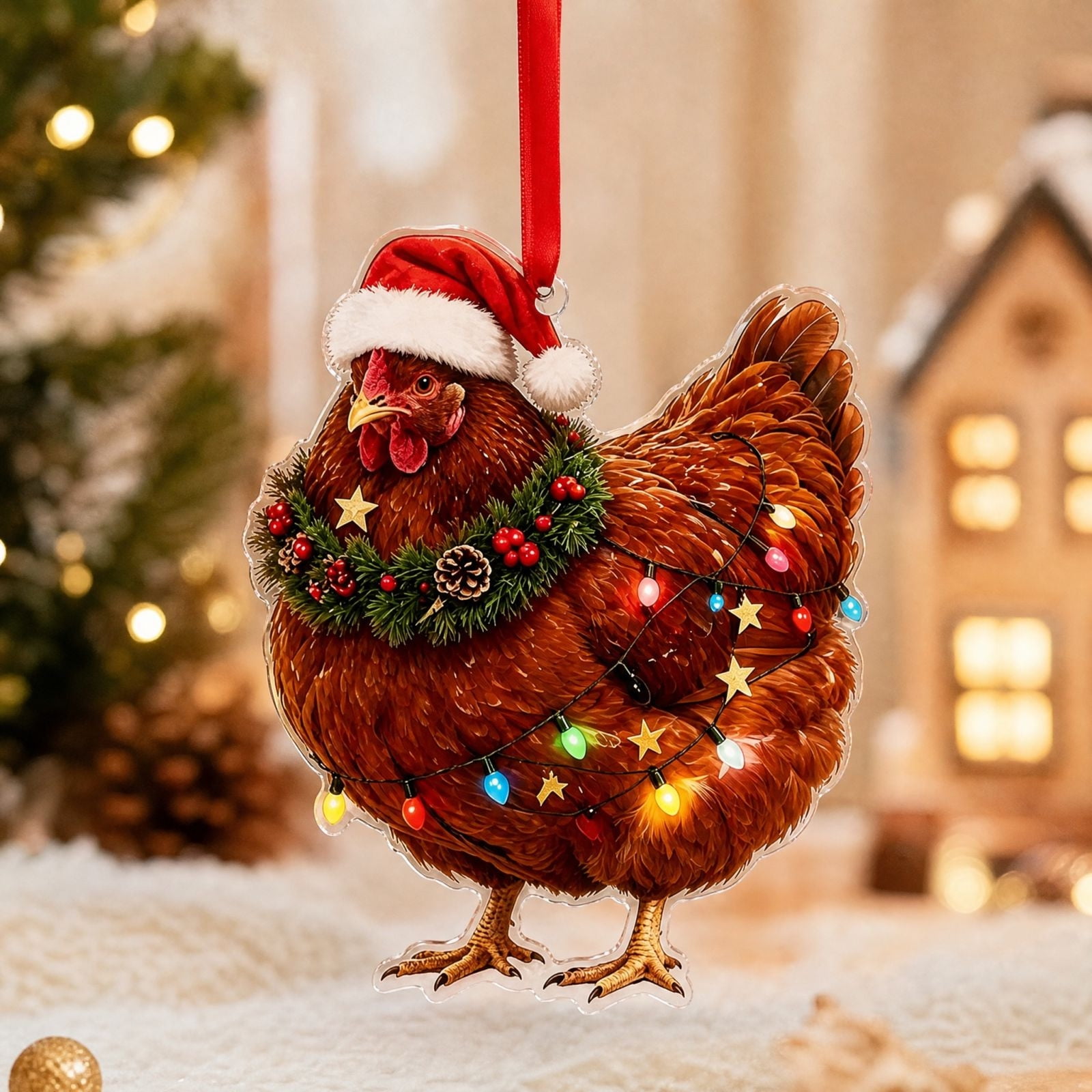 Hen Christmas Tree Ornament - Funny Acrylic 2D Hen Ornaments for Christmas Tree Farm Animal Hanging Ornaments for Farmhouse Xmas Holiday Crafts Party Supplies Decorations