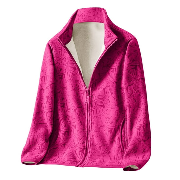 Essentials Women's Jacket Casual Print Fleece Lined Zipper Fashion Long Sleeve Stand Collar Wool With Pocket Winter Coat