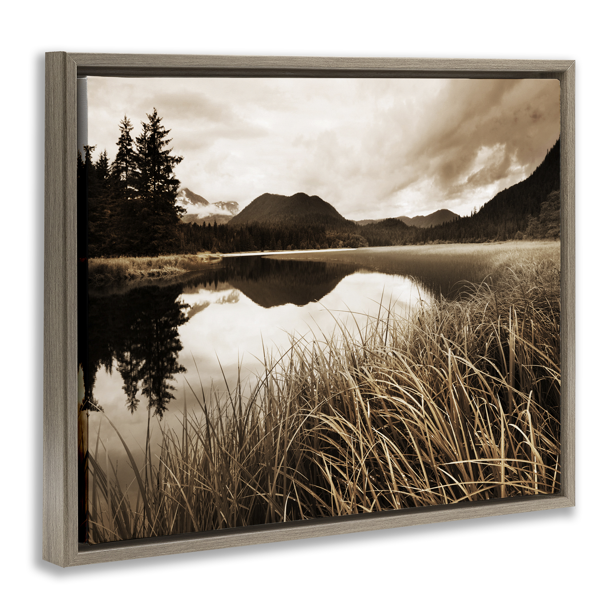 Stupell Industries Sepia Lake Reflection Landscape Photography Brown Floater Framed Art Print Wall Art, 21 x 17