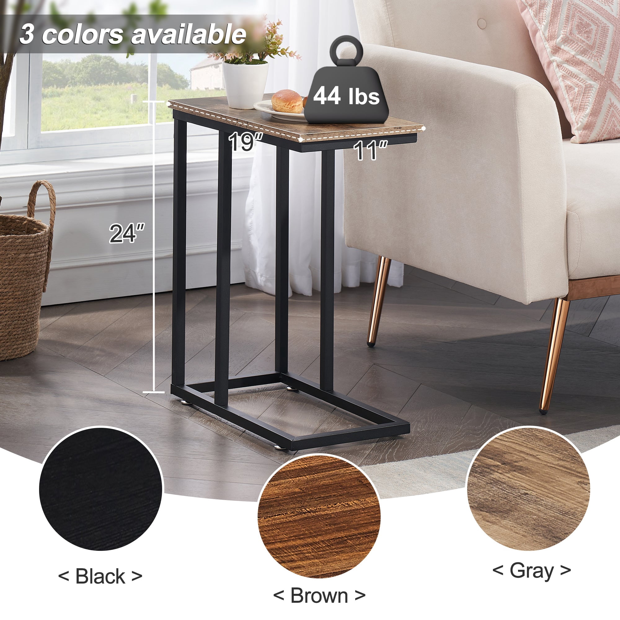 VECELO Set of 2 C-Shaped Sofa Side Table, Small End Table for Living Room, Narrow Bedside/TV Tray Table, Gray