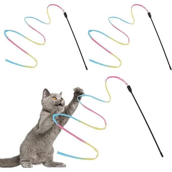 Cat Toy Rainbow Wand, 3pcs Rainbow Ribbon Wand for Kitten Training, Rainbow Ribbon Cat Charmer Wand Interactive Catcher Wand