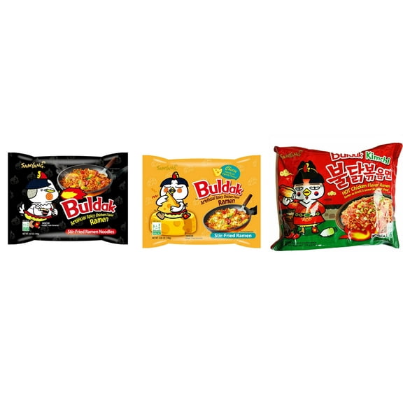 3 Packs Samyang Korean Artifical Spicy Chicken Stir Fried Ramen Roasted Noodles 3 Different Flavors (Original,cheese,kimichi) Plus NineChef Brand Long Handle Coffee Spoon