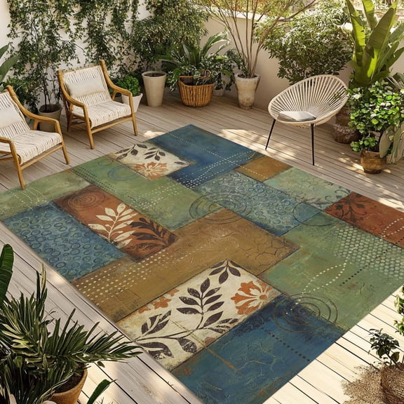 Boho Color Block Outdoor Rug for Patio/Deck/Porch, Non-Slip Large Area Rug 5 x 7 Ft, Geometric Vintage Floral Indoor Outdoor Rugs Washable Area Rugs, Reversible Camping Rug Carpet Runner