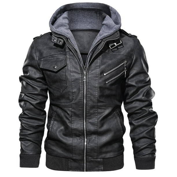 Chaqueta de cuero para hombre, chaqueta de cuero PU fina con capucha de dos piezas para otoño e invierno, estilo europeo y americano