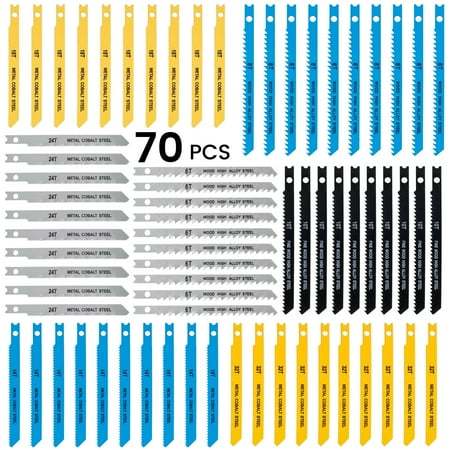 

70PCS U Shank Jigsaw Blades Set for Wood Plastic Metal Cutting Assorted U-Shank Jig Saw Blade Set Universal Replace 90% Jig Saws Such as Bosch DEWALT SKIL Black and Decker 6T 8T 10T 14T 18T 24T 32T