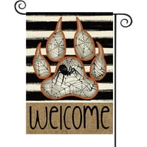 Halloween Welcome Garden Flag Spooky 12.5 x 18 Inch Double Sided Burlap Dog Paw Print Spider and Spider Web Yard Flag Holiday Seasonal Outdoor Outside Decoration