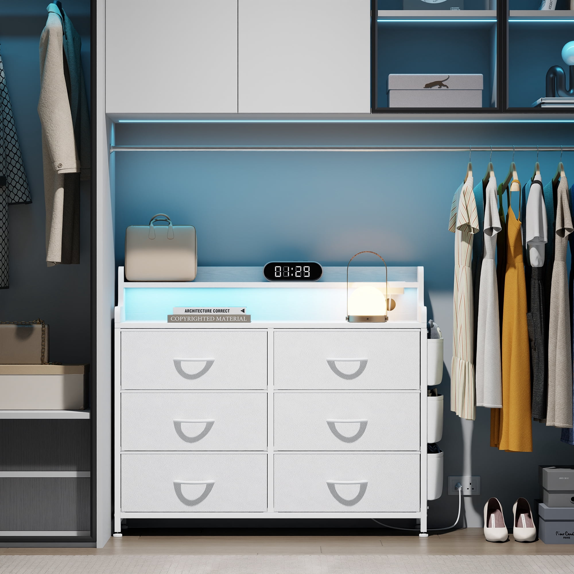 LainTene Dresser for Bedroom, 6 Drawer Dresser with LED Lights and Charging Station, Wide Chest of 6 Drawers with Open Space, Modern Large Capacity Storage Cabinet, Living Room, Hallway