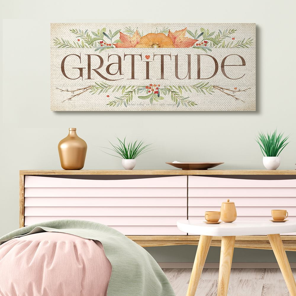 Stupell Industries Gratitude Floral Leaves Fall Autumn Seasonal Word Design Typography Painting Gallery Wrapped Canvas Art Print Wall Art, 20 x 48