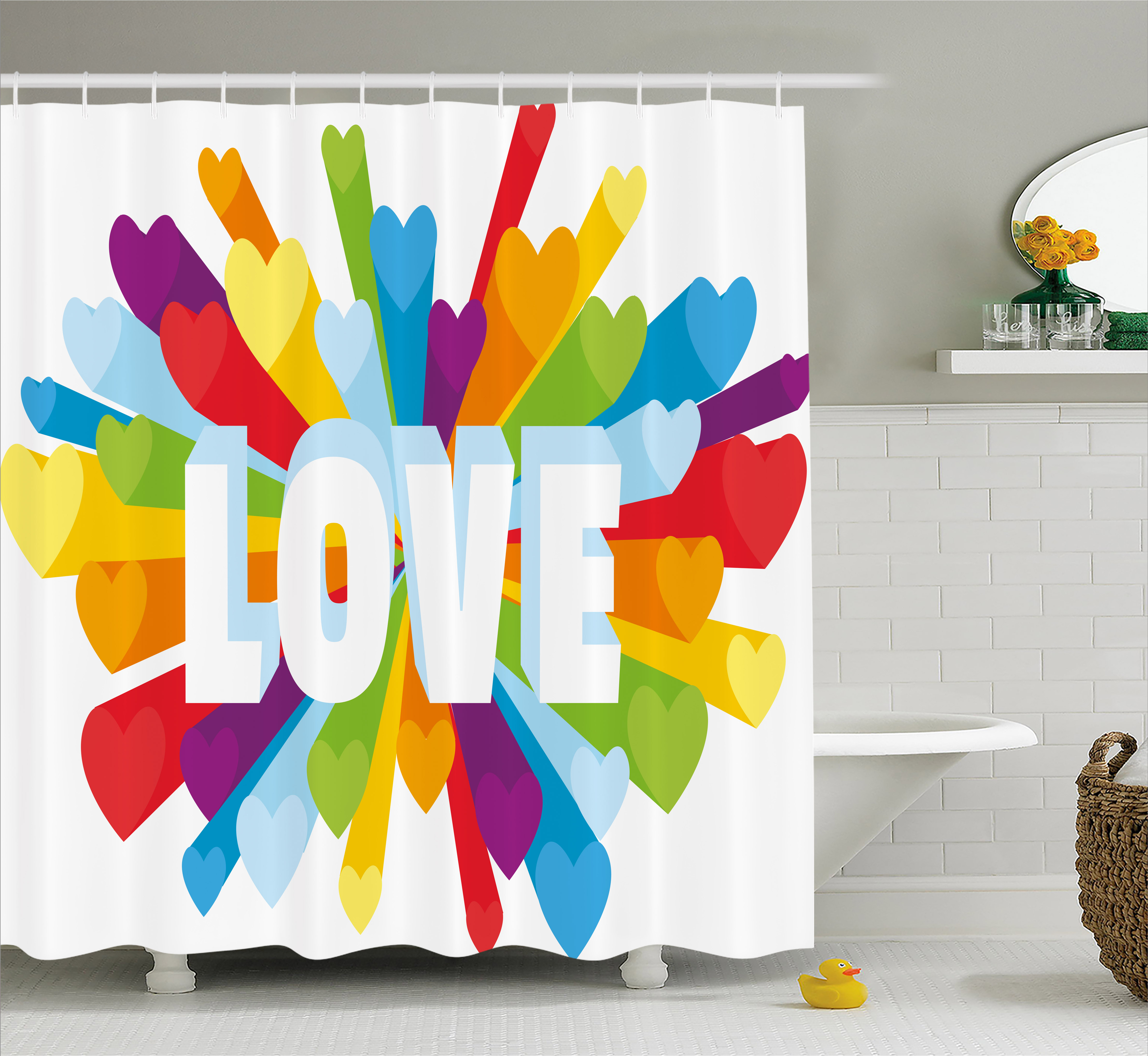Pride Shower Curtain, Love Burst with Cute Little Colorful Hearts and