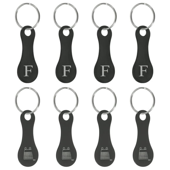 Uxcell 8 Pcs Stainless Steel Shopping Trolley Token, Metal Quarter Holder Keychain Bulk Shopping Key Ring for Supermarket Shops, Black, Engraved Letter F & Pattern Grocery Cart