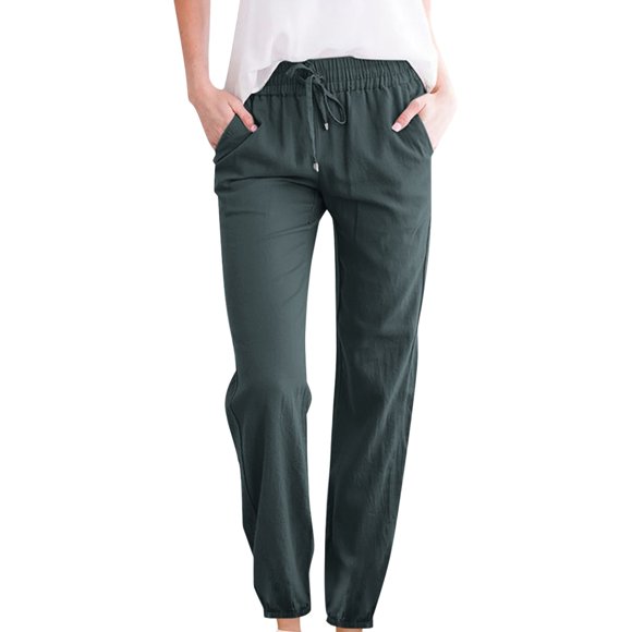 fartey Cotton Linen Pants for Women Elastic Waist Pockets Drawstring Roomy Trousers Lounge Solid Color Yoga Cinch Bottom Sweatpants